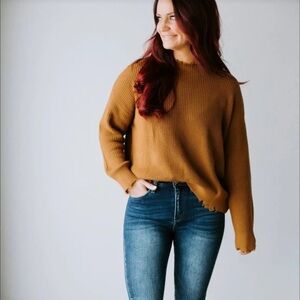 Chelsea DeBoer Lily & Lottie Distressed  Crewneck Sweater, Size Small, Mustard